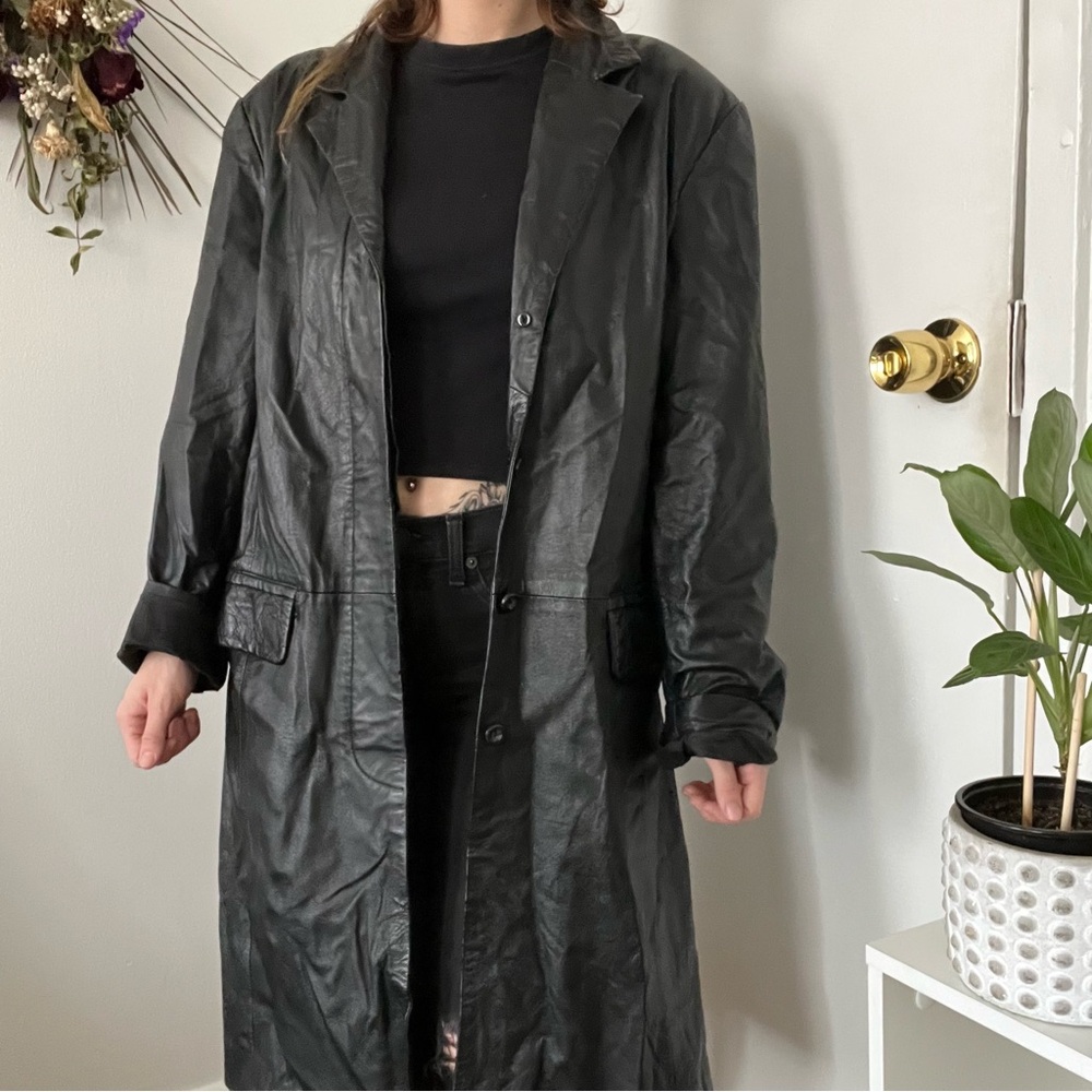 Genuine black leather trench coat
